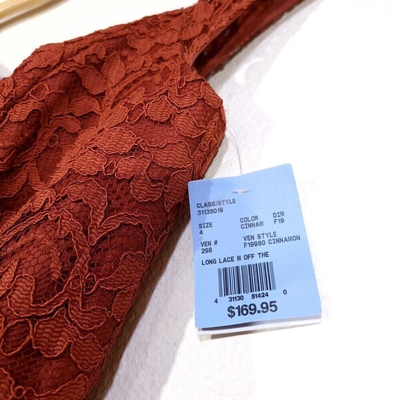 NWT David's Bridal Off-the-Shoulder Lace and Mesh Bridesmaid Dress in Cinnamon 4 - Picture 4 of 12